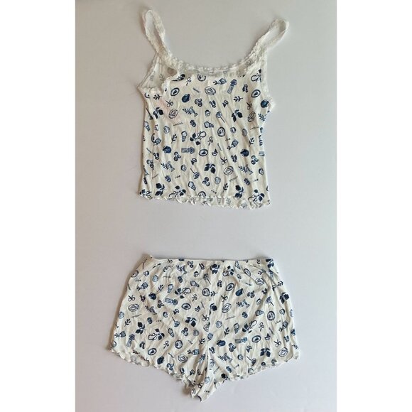 Colsie Women’s Pajama Set Size M – White & Navy Blue Print Lace Trim Tank & Shor - Picture 2 of 4
